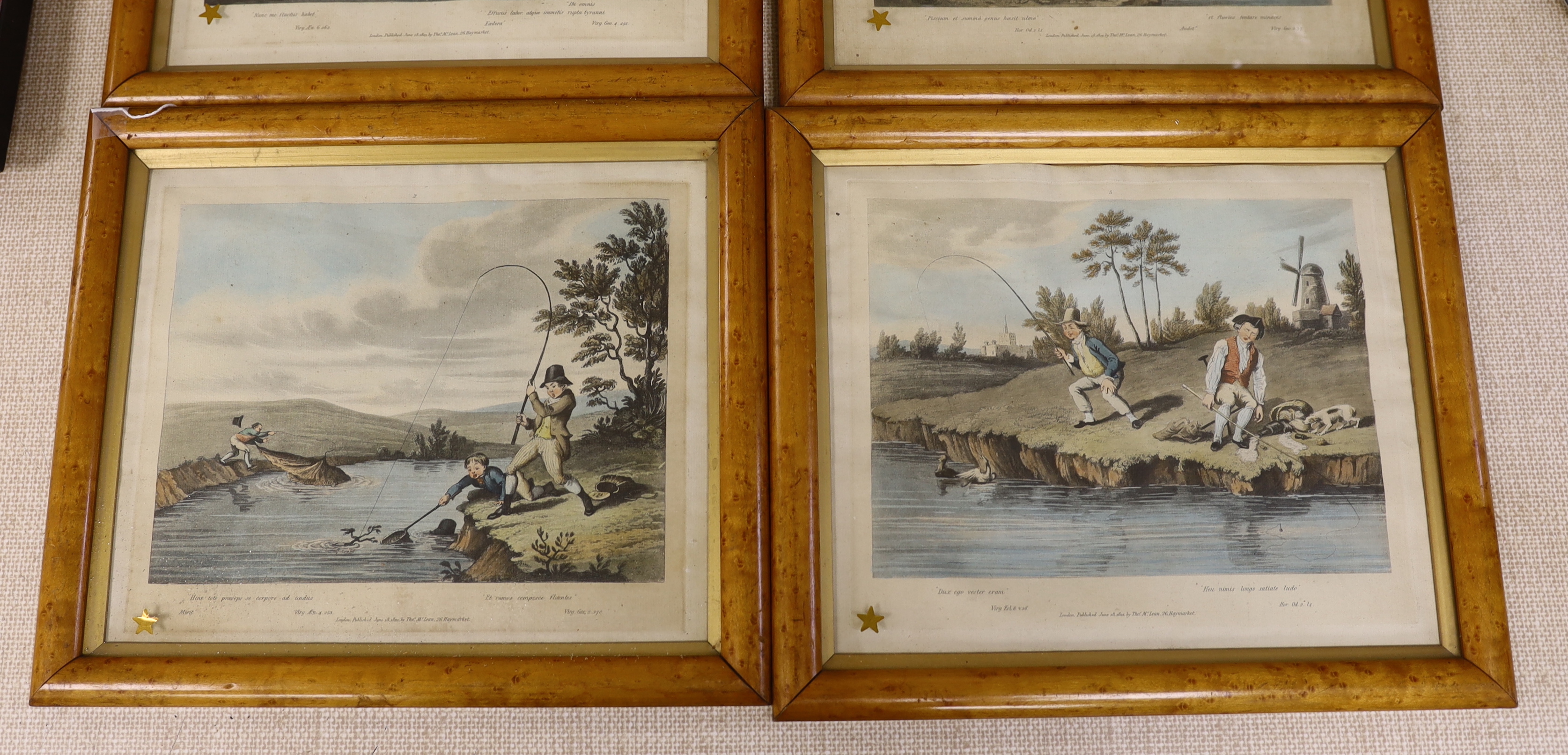 After Charles Turner (1773-1857) set of six 19th century coloured engravings, Delights of fishing, 27cm x 23cm, maple framed